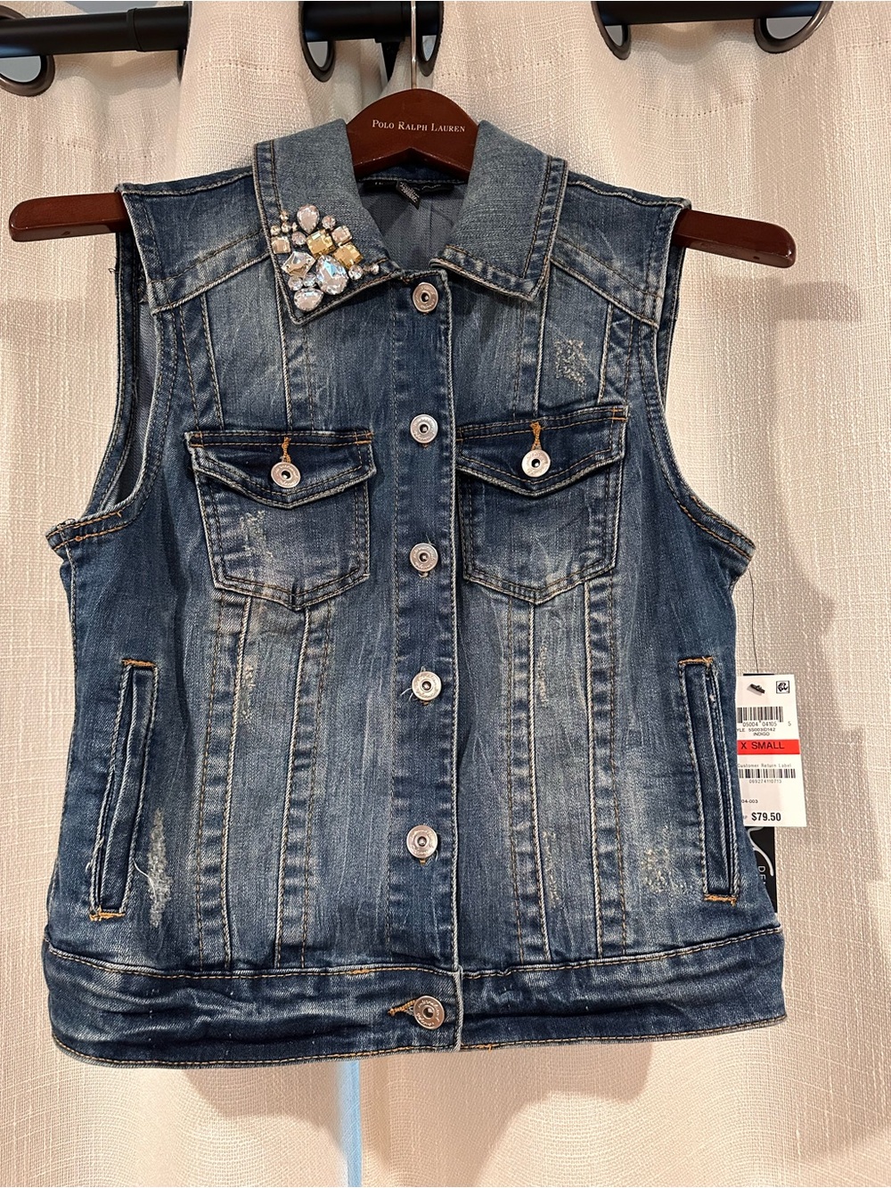 INC International Concepts Distressed Blue Denim Vest with Rhinestone Collar